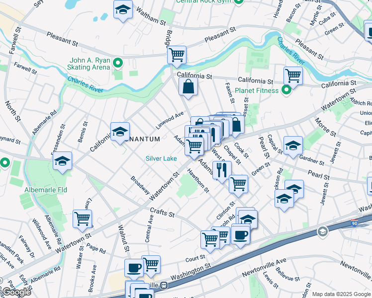 map of restaurants, bars, coffee shops, grocery stores, and more near 423R Watertown Street in Newton