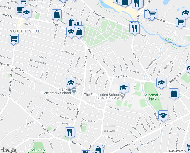 map of restaurants, bars, coffee shops, grocery stores, and more near 29 Hatfield Road in Newton