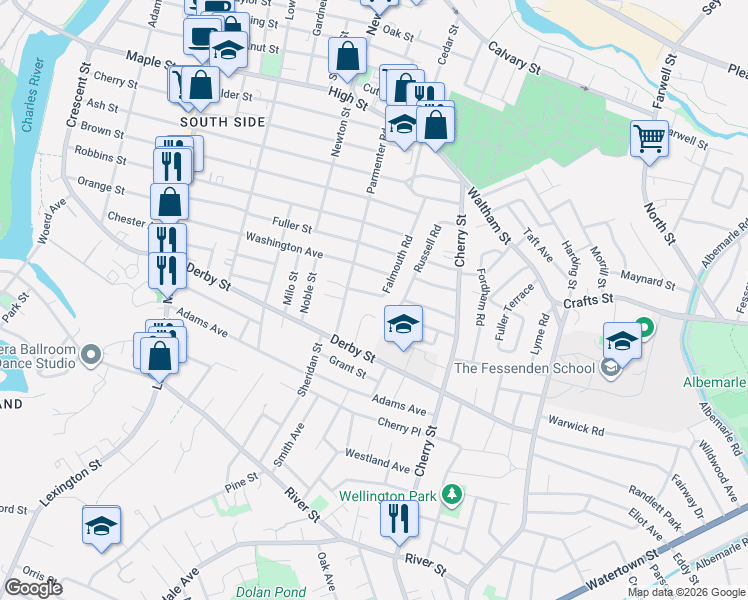 map of restaurants, bars, coffee shops, grocery stores, and more near 42 Edward Road in Newton