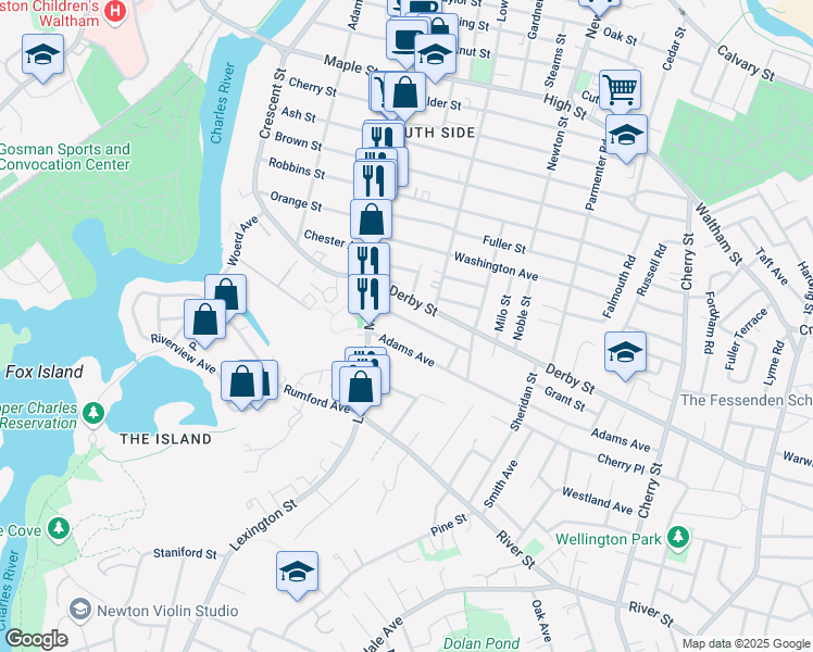 map of restaurants, bars, coffee shops, grocery stores, and more near 30 Adams Avenue in Newton
