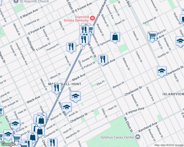 map of restaurants, bars, coffee shops, grocery stores, and more near 3600 Mack Avenue in Detroit