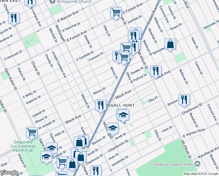 map of restaurants, bars, coffee shops, grocery stores, and more near 3329 Saint Joseph Street in Detroit