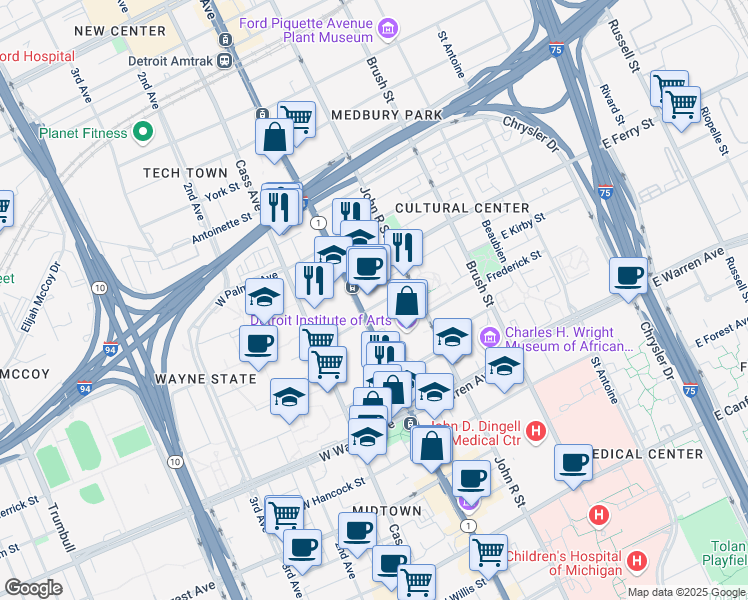 map of restaurants, bars, coffee shops, grocery stores, and more near 15 Midtown Loop in Detroit