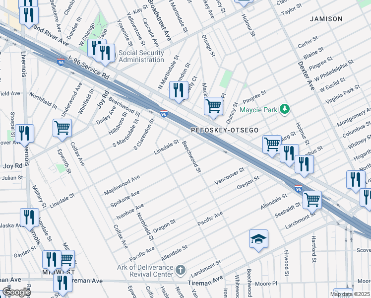 map of restaurants, bars, coffee shops, grocery stores, and more near 4975 Maplewood Avenue in Detroit
