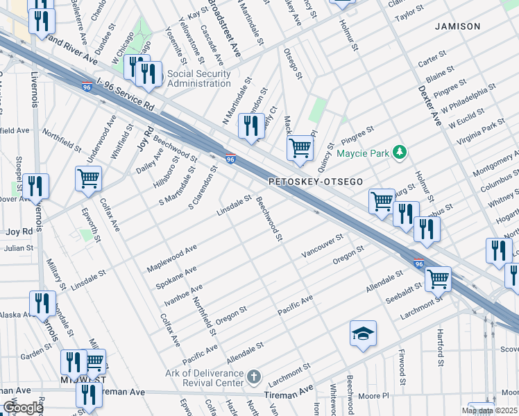 map of restaurants, bars, coffee shops, grocery stores, and more near 5058 Maplewood Avenue in Detroit