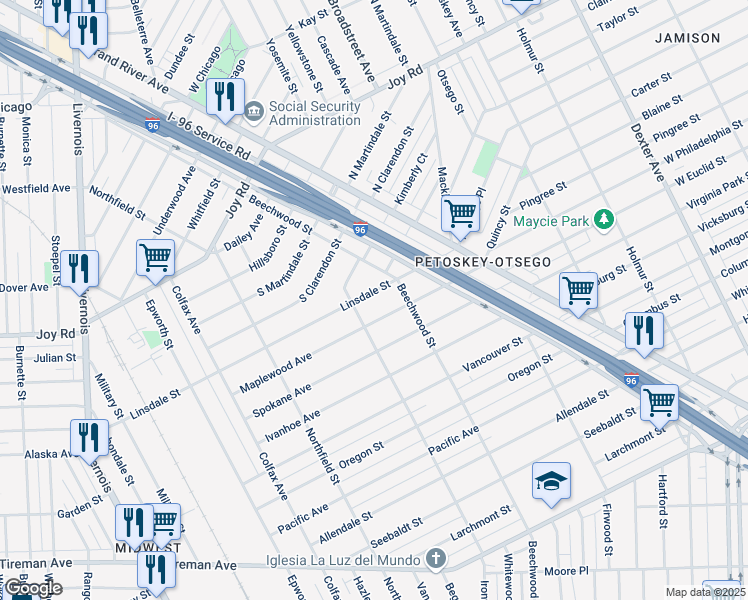 map of restaurants, bars, coffee shops, grocery stores, and more near 5058 Maplewood Avenue in Detroit
