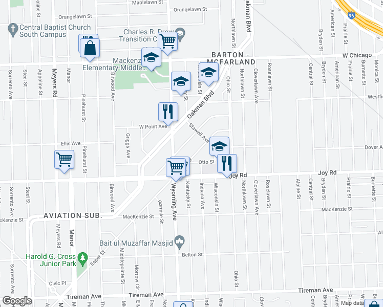 map of restaurants, bars, coffee shops, grocery stores, and more near 8865 Esper Street in Detroit