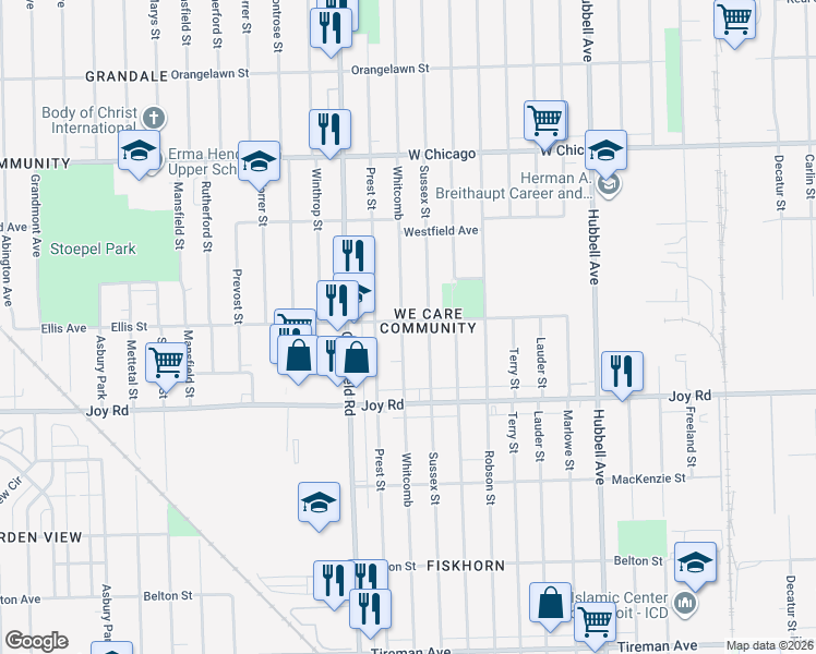 map of restaurants, bars, coffee shops, grocery stores, and more near 8924 Whitcomb in Detroit