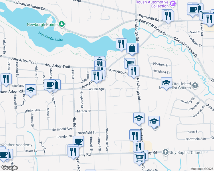 map of restaurants, bars, coffee shops, grocery stores, and more near 9366 Eastwind Drive in Livonia