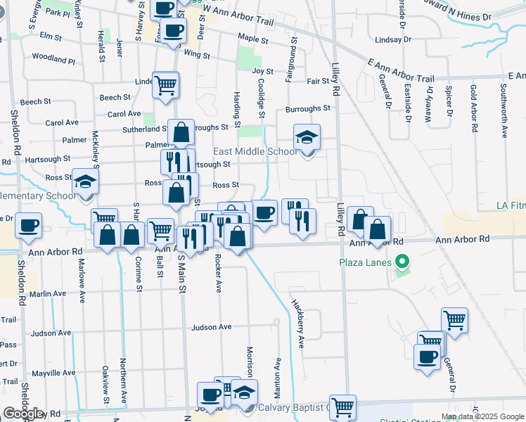 map of restaurants, bars, coffee shops, grocery stores, and more near 500 Ford Street in Plymouth