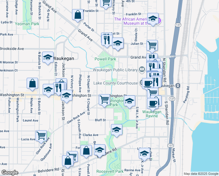 map of restaurants, bars, coffee shops, grocery stores, and more near 13 North Park Avenue in Waukegan