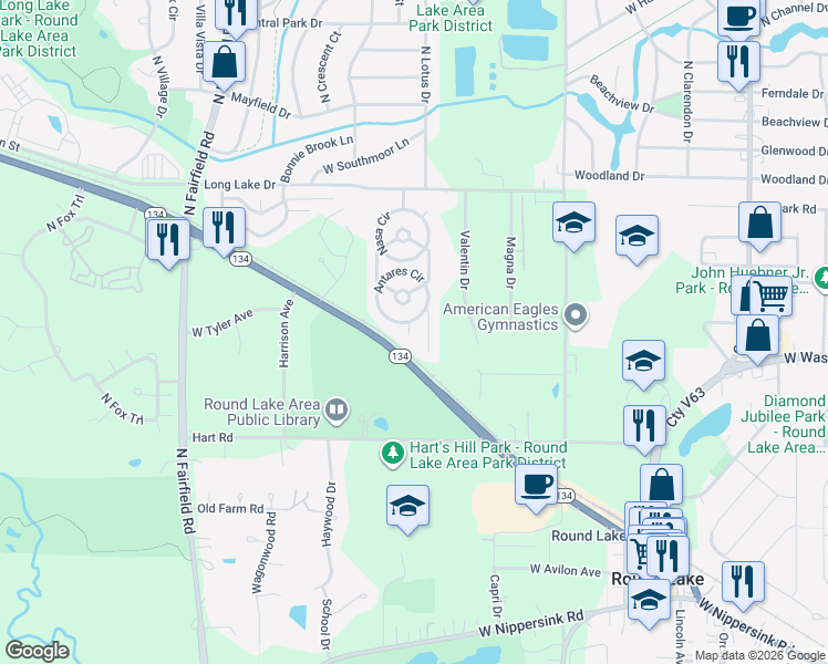 map of restaurants, bars, coffee shops, grocery stores, and more near 310 Lunar Drive in Round Lake