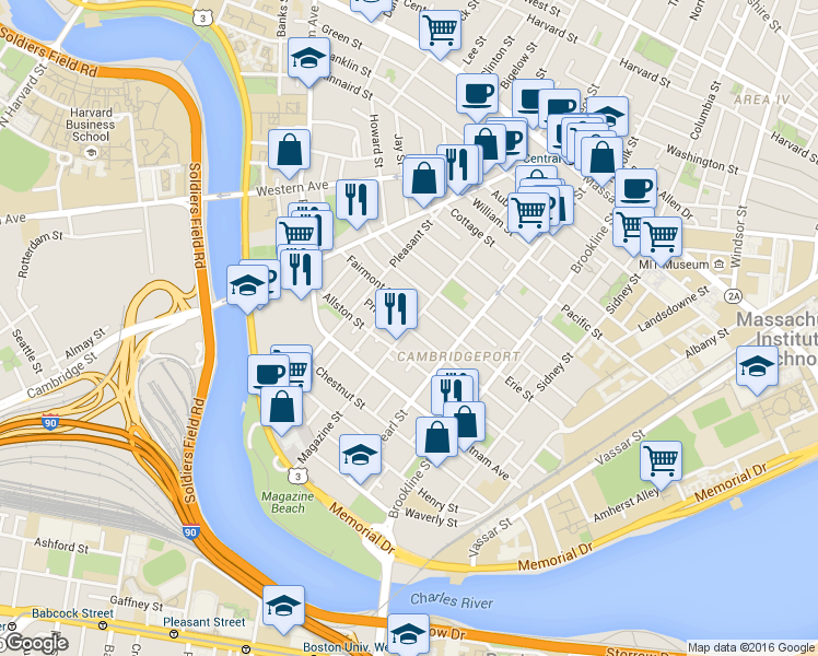 map of restaurants, bars, coffee shops, grocery stores, and more near Magazine St & Hamilton St in Cambridge