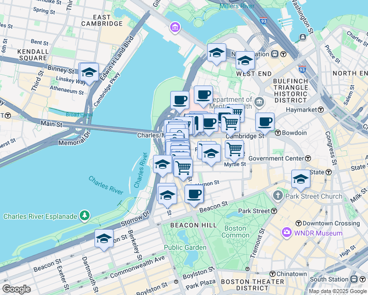 map of restaurants, bars, coffee shops, grocery stores, and more near 67 West Cedar Street in Boston