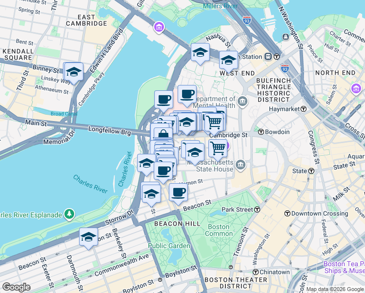 map of restaurants, bars, coffee shops, grocery stores, and more near in Boston