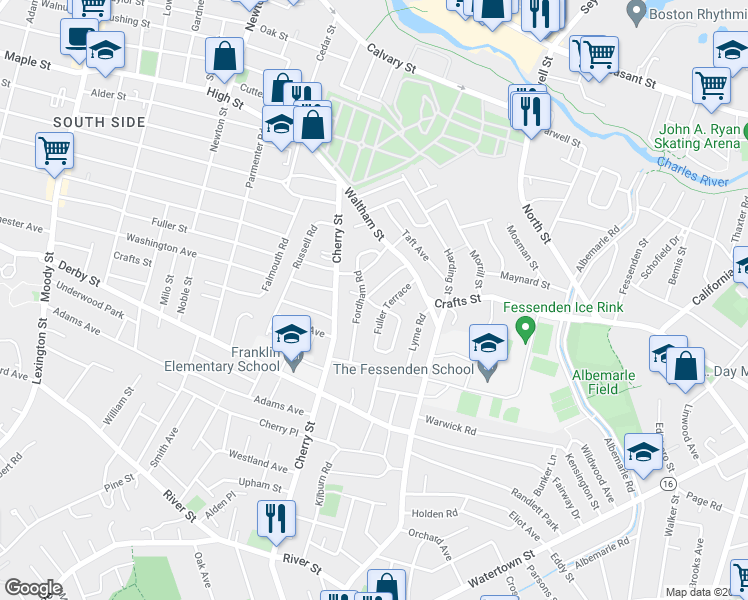 map of restaurants, bars, coffee shops, grocery stores, and more near 10 Hatfield Road in Newton