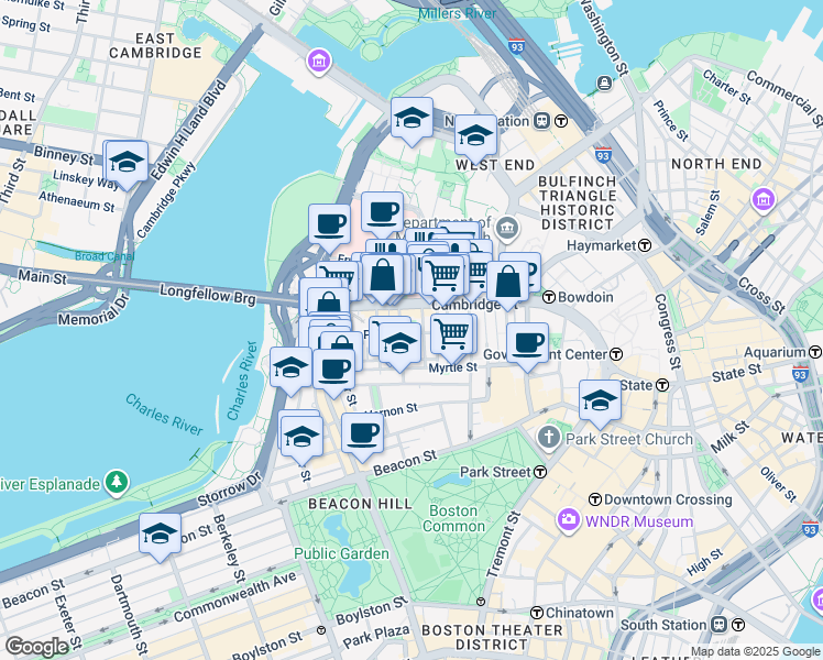 map of restaurants, bars, coffee shops, grocery stores, and more near 45 1/2 Garden Street in Boston