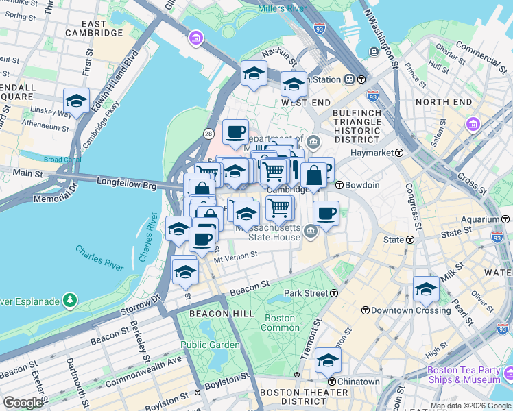 map of restaurants, bars, coffee shops, grocery stores, and more near 45 1/2 Garden Street in Boston