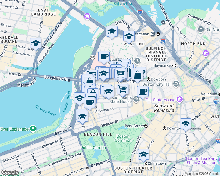 map of restaurants, bars, coffee shops, grocery stores, and more near 45 1/2 Garden Street in Boston