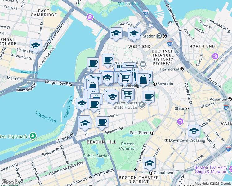map of restaurants, bars, coffee shops, grocery stores, and more near 45 1/2 Garden Street in Boston