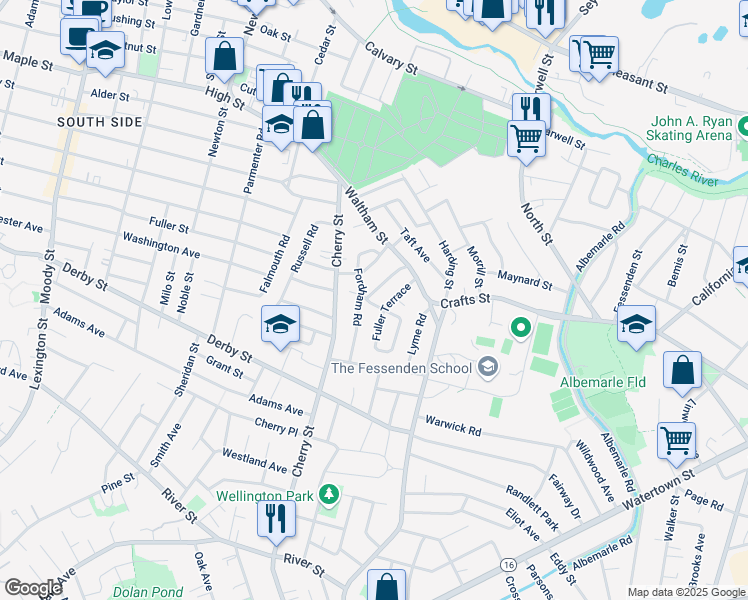 map of restaurants, bars, coffee shops, grocery stores, and more near 29 Hatfield Road in Newton