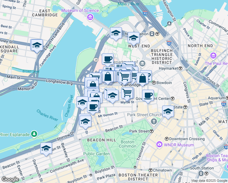 map of restaurants, bars, coffee shops, grocery stores, and more near 45 1/2 Garden Street in Boston