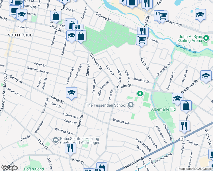 map of restaurants, bars, coffee shops, grocery stores, and more near 29 Hatfield Road in Newton