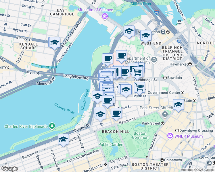 map of restaurants, bars, coffee shops, grocery stores, and more near 67 West Cedar Street in Boston