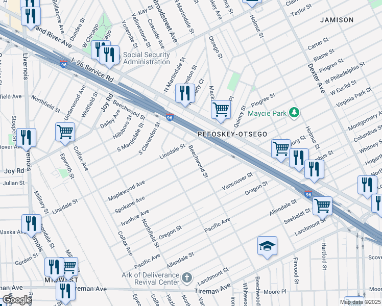 map of restaurants, bars, coffee shops, grocery stores, and more near 5058 Maplewood Avenue in Detroit