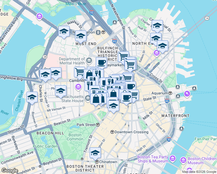 map of restaurants, bars, coffee shops, grocery stores, and more near 2 Center Plaza in Boston