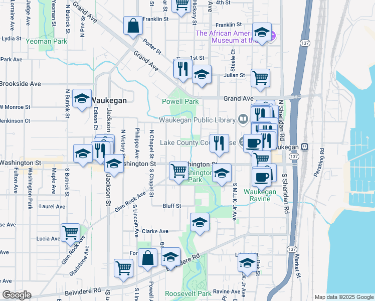 map of restaurants, bars, coffee shops, grocery stores, and more near 13 North Park Avenue in Waukegan
