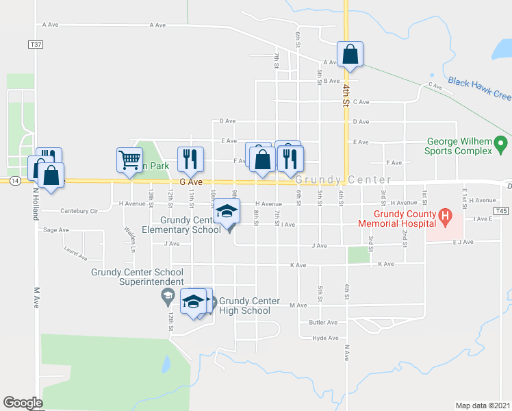 map of restaurants, bars, coffee shops, grocery stores, and more near 806 8th Street in Grundy Center