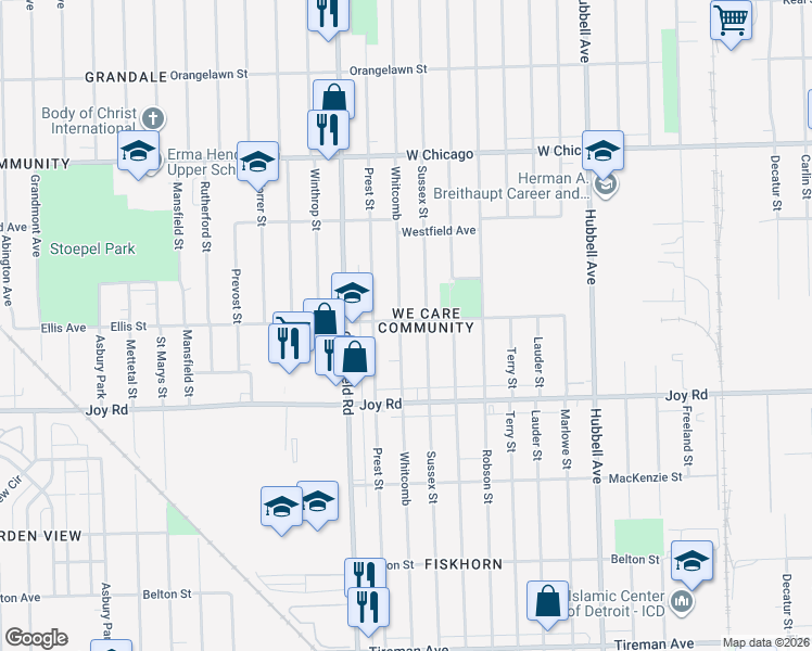 map of restaurants, bars, coffee shops, grocery stores, and more near 8924 Whitcomb in Detroit