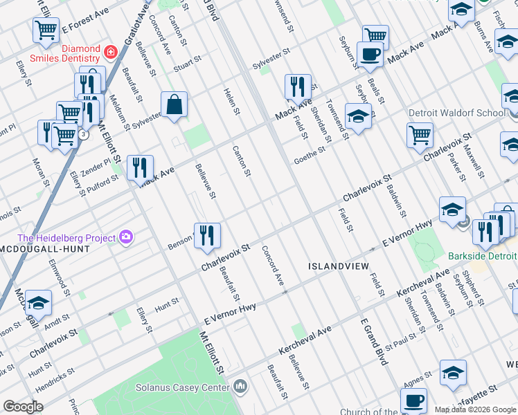 map of restaurants, bars, coffee shops, grocery stores, and more near 2948 Canton Street in Detroit