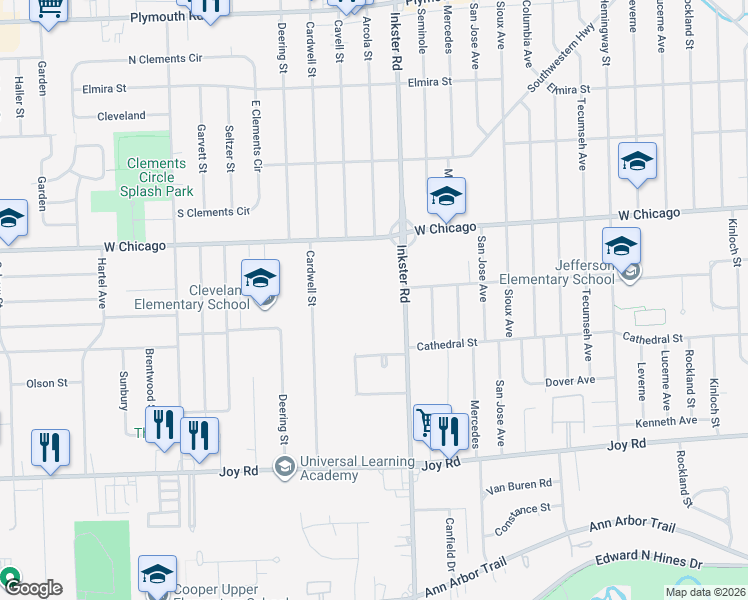 map of restaurants, bars, coffee shops, grocery stores, and more near 9175 Inkster Road in Livonia