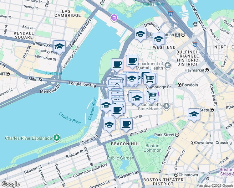 map of restaurants, bars, coffee shops, grocery stores, and more near 67 West Cedar Street in Boston