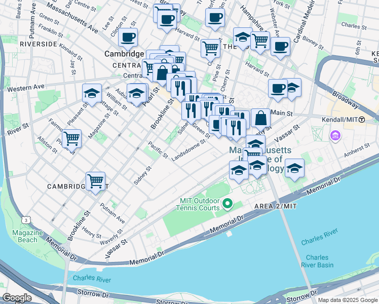 map of restaurants, bars, coffee shops, grocery stores, and more near 80 Landsdowne Street in Cambridge