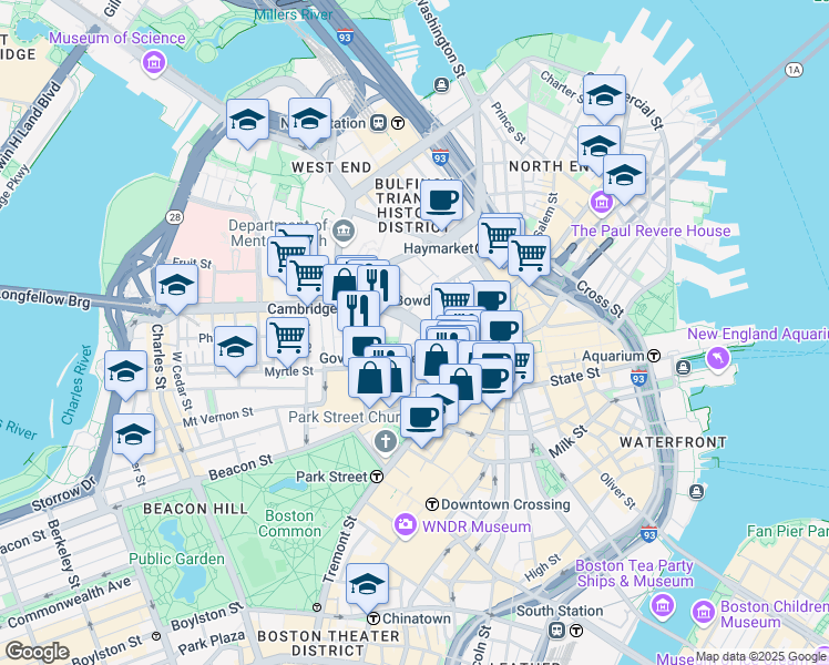 map of restaurants, bars, coffee shops, grocery stores, and more near 3 Pemberton Square in Boston