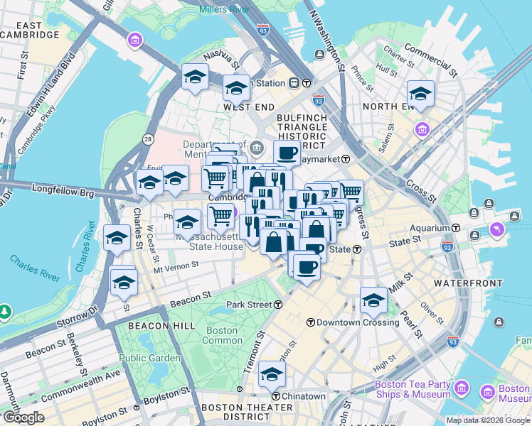 map of restaurants, bars, coffee shops, grocery stores, and more near 12 Bowdoin Street in Boston