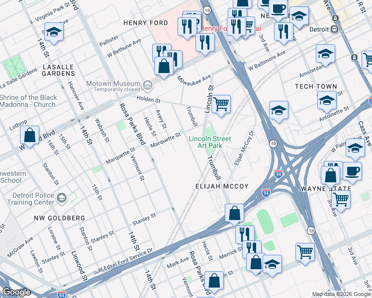 map of restaurants, bars, coffee shops, grocery stores, and more near 5911 Commonwealth Street in Detroit