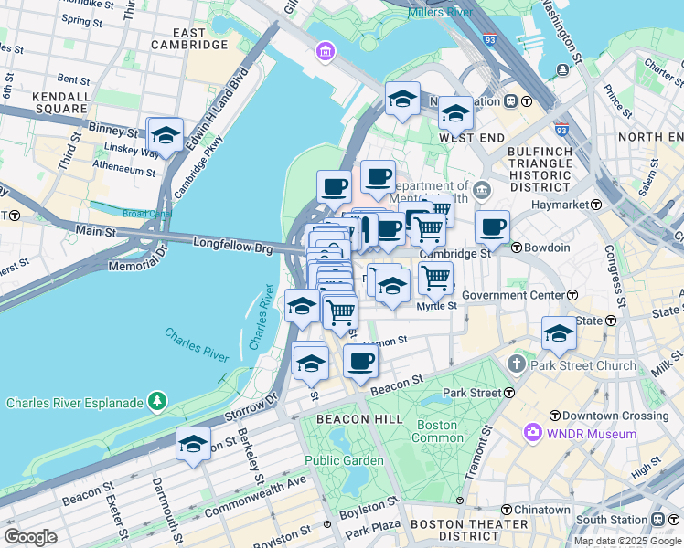map of restaurants, bars, coffee shops, grocery stores, and more near 67 West Cedar Street in Boston