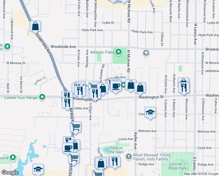 map of restaurants, bars, coffee shops, grocery stores, and more near 16 Washington Terrace in Waukegan