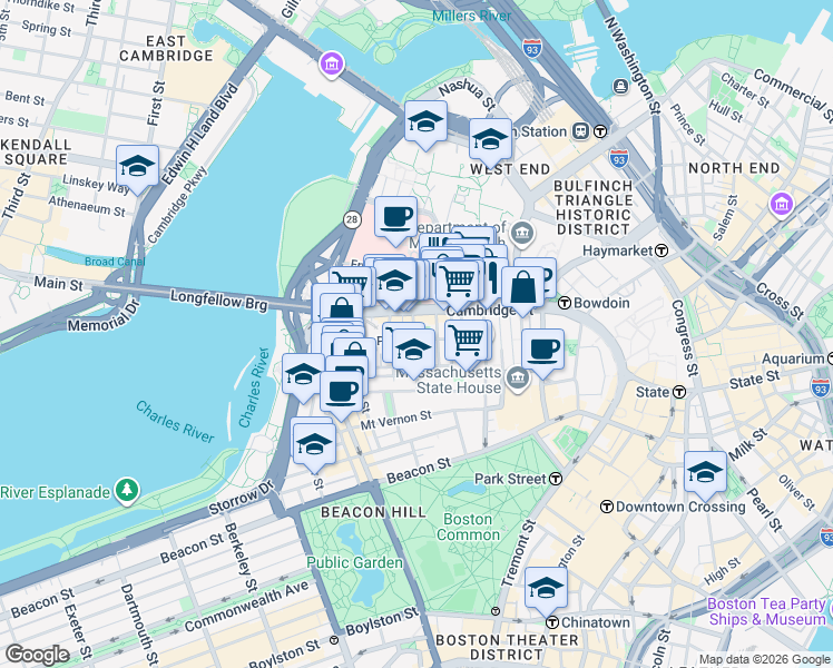 map of restaurants, bars, coffee shops, grocery stores, and more near 45 1/2 Garden Street in Boston