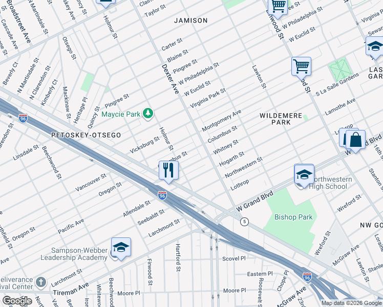 map of restaurants, bars, coffee shops, grocery stores, and more near 3748 Whitney Street in Detroit