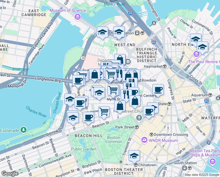 map of restaurants, bars, coffee shops, grocery stores, and more near 72 Joy Street in Boston