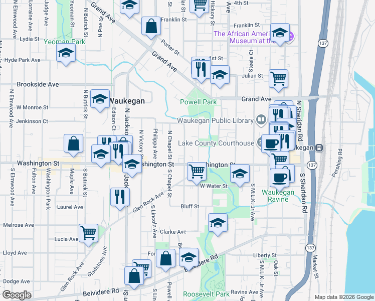 map of restaurants, bars, coffee shops, grocery stores, and more near 17 North Saint James Street in Waukegan