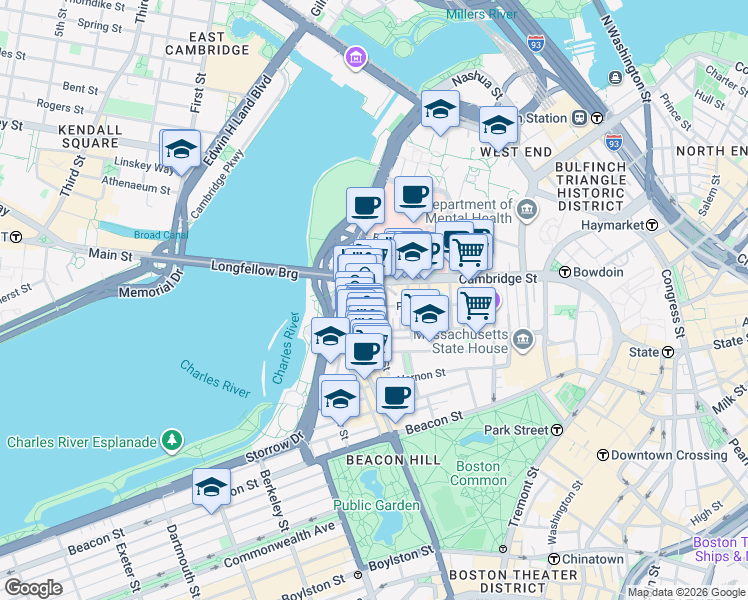 map of restaurants, bars, coffee shops, grocery stores, and more near 67 West Cedar Street in Boston
