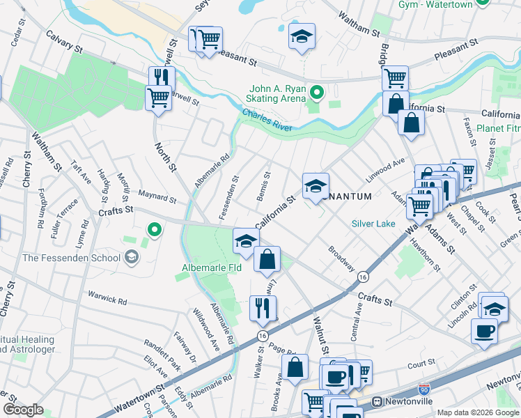 map of restaurants, bars, coffee shops, grocery stores, and more near 613 California Street in Newton
