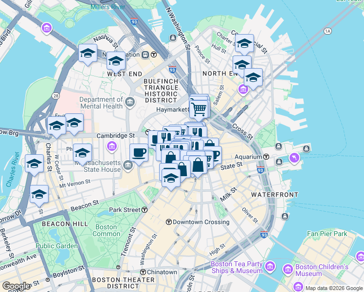 map of restaurants, bars, coffee shops, grocery stores, and more near in Boston