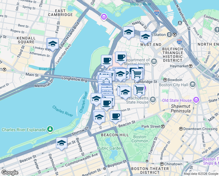 map of restaurants, bars, coffee shops, grocery stores, and more near 92 West Cedar Street in Boston